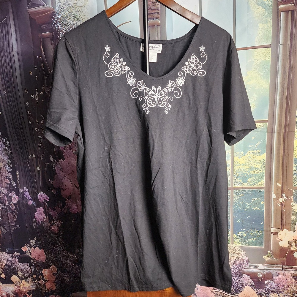 Anthony Richards Vintage Y2K Black Butterfly Embroidery Top XL Short Sleeve